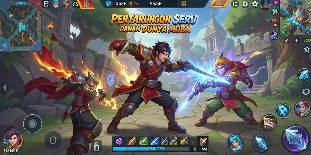 Tampilan seru gameplay 555F dalam pertarungan MOBA.