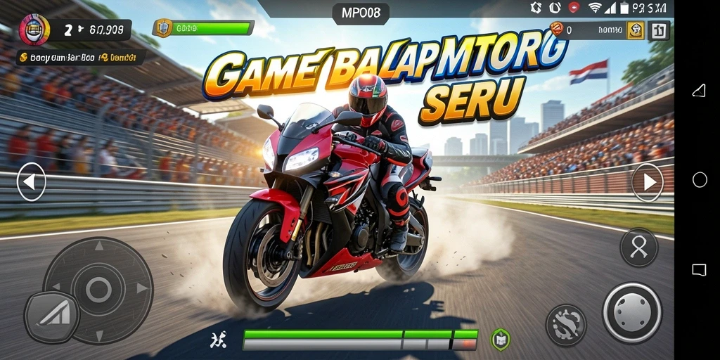 Screenshot gameplay MPO08 yang menampilkan aksi balapan motor yang seru.